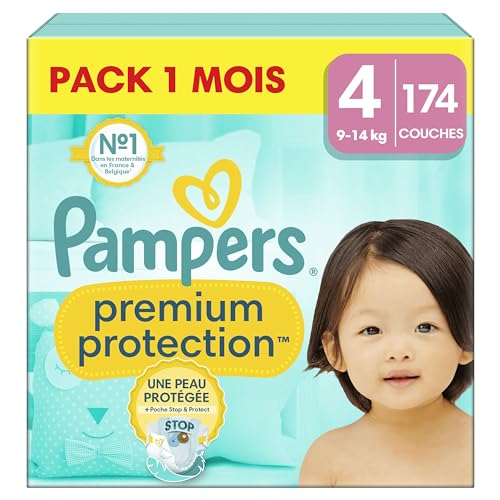 Pampers Premium Protection, Taille 4, 174 Couches, 9-14kg, Double Protection pour la peau et contre les fuites Avec Poche Stop & Protect pour aider à capturer les Fuites, Pack 1 Mois